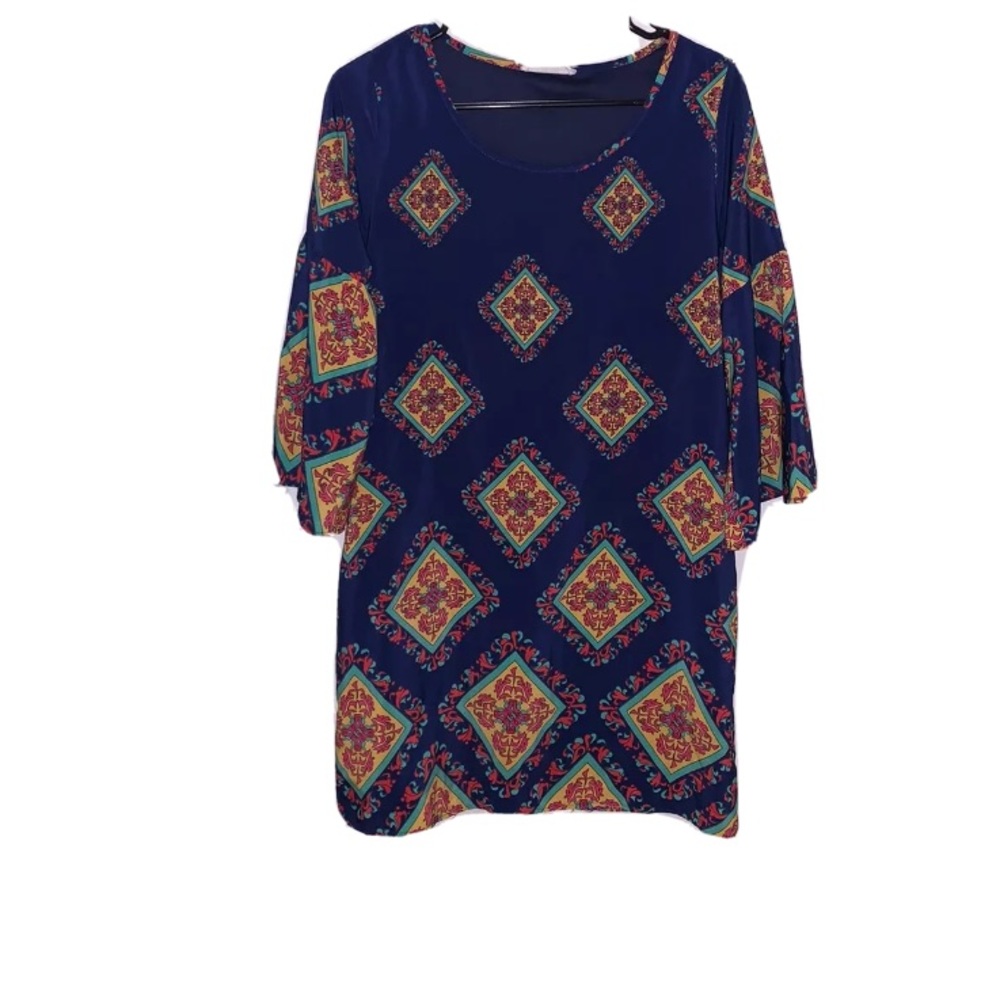 Bell sleeve tunic blue tribe print peach Californi